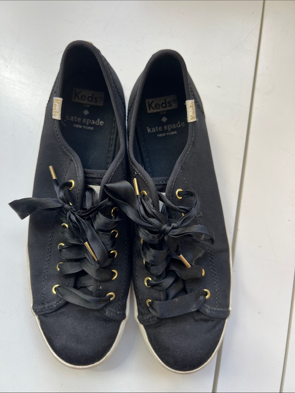 kate spade x Keds Black Satin Ribbon Sneakers with Gold Accents